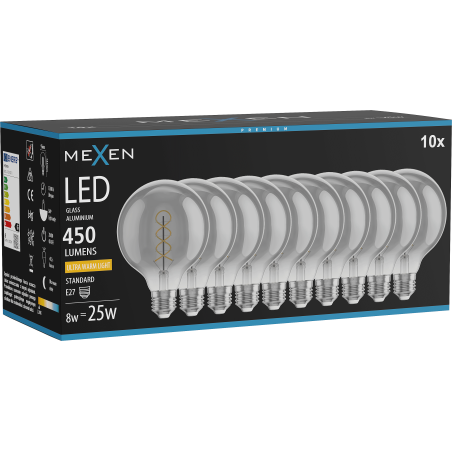 Mexen Vintis 10x LED крушка с нажежаема спирала E27, G95, 8W, Топло - 2200K, 450 lm, дим