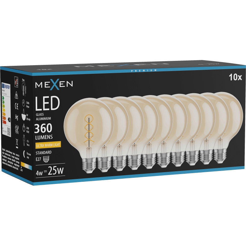 Mexen Vintis 10x LED спираловидна филаментна крушка E27, G95, 4W, Топла - 2200K, 360 lm,