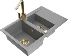 Mexen Gaspar гранитна мивка 1,5-камерна с отцедник и кухненски смесител Rita, сив - 6507-71-670300-50