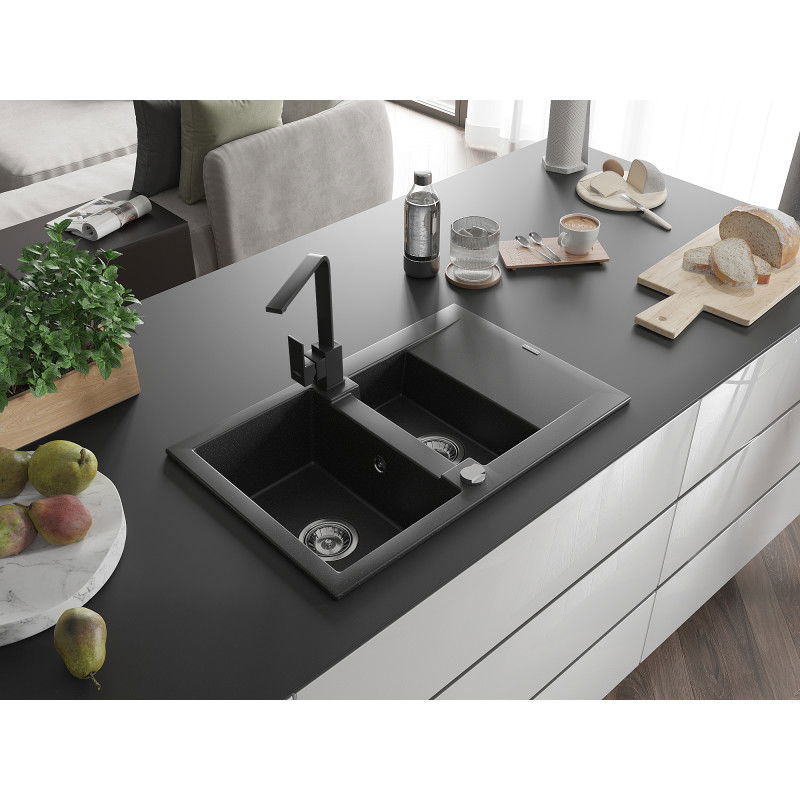 Mexen Gaspar гранитна мивка 1,5-камерна с отцедник и кухненски смесител Rita, черен/сребърен металик - 6507-73-670300-70
