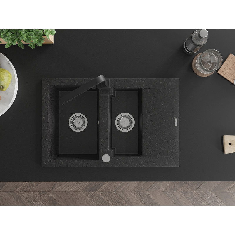 Mexen Gaspar гранитна мивка 1,5-камерна с отцедник и кухненски смесител Rita, черен/сребърен металик - 6507-73-670300-70