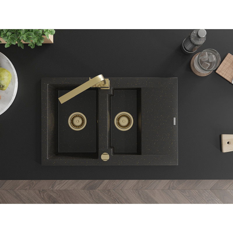 Mexen Gaspar гранитна мивка с 1,5 камери с отцеждащ плот и кухненски смесител Rita, черен/златен - 6507-75-670300-50