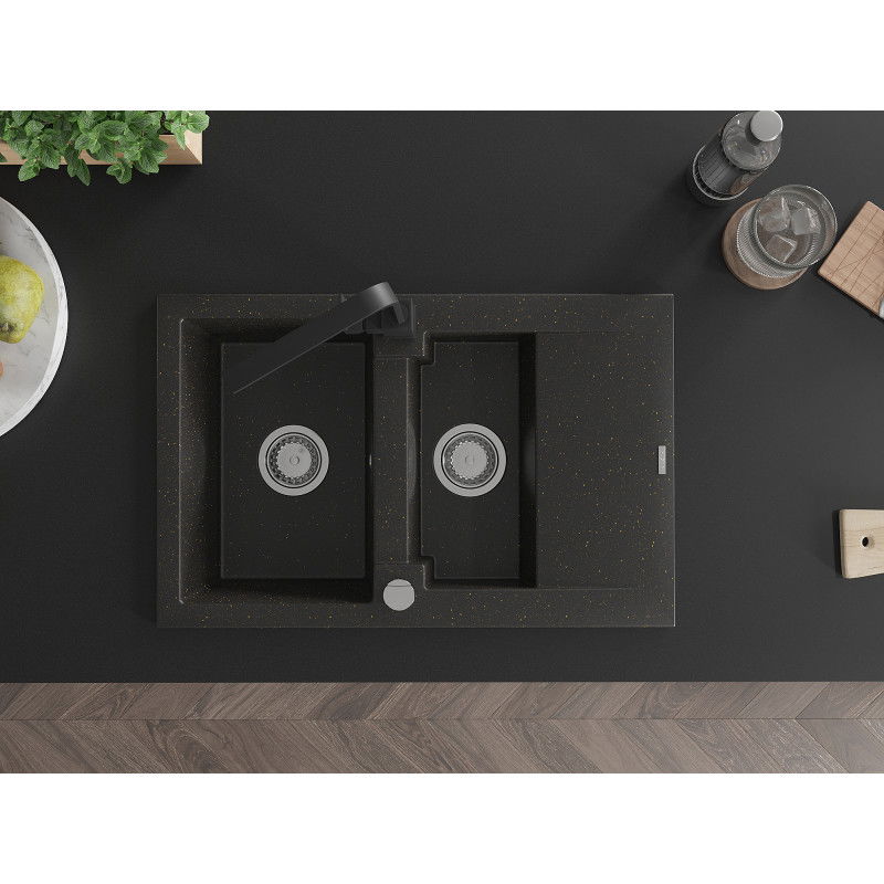 Mexen Gaspar гранитна мивка 1,5-корито с дренаж и кухненски смесител Rita, черен/златист - 6507-75-670300-70
