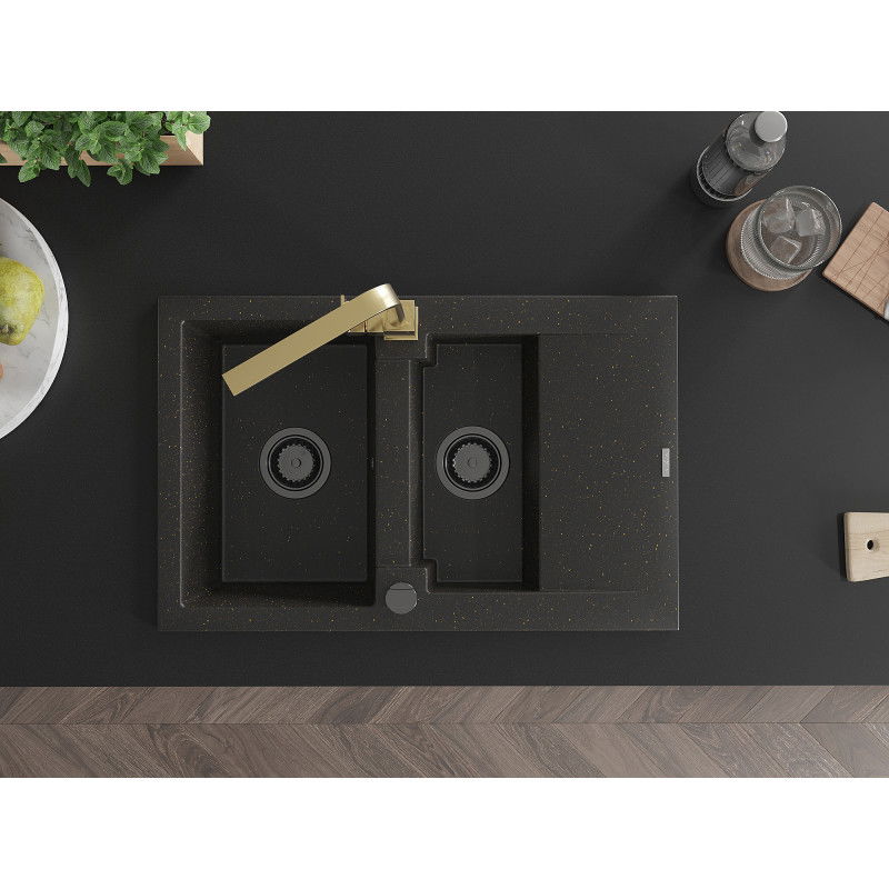 Mexen Gaspar гранитна мивка 1,5-камерна с утаечник и кухненски смесител Rita, черен/златен - 6507-75-670300-50-B