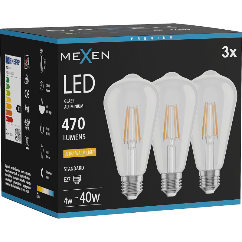 Mexen Vintis 3x LED филамент крушка E27, ST64, 4W, Топла - 2200K, 470 lm, прозрачен