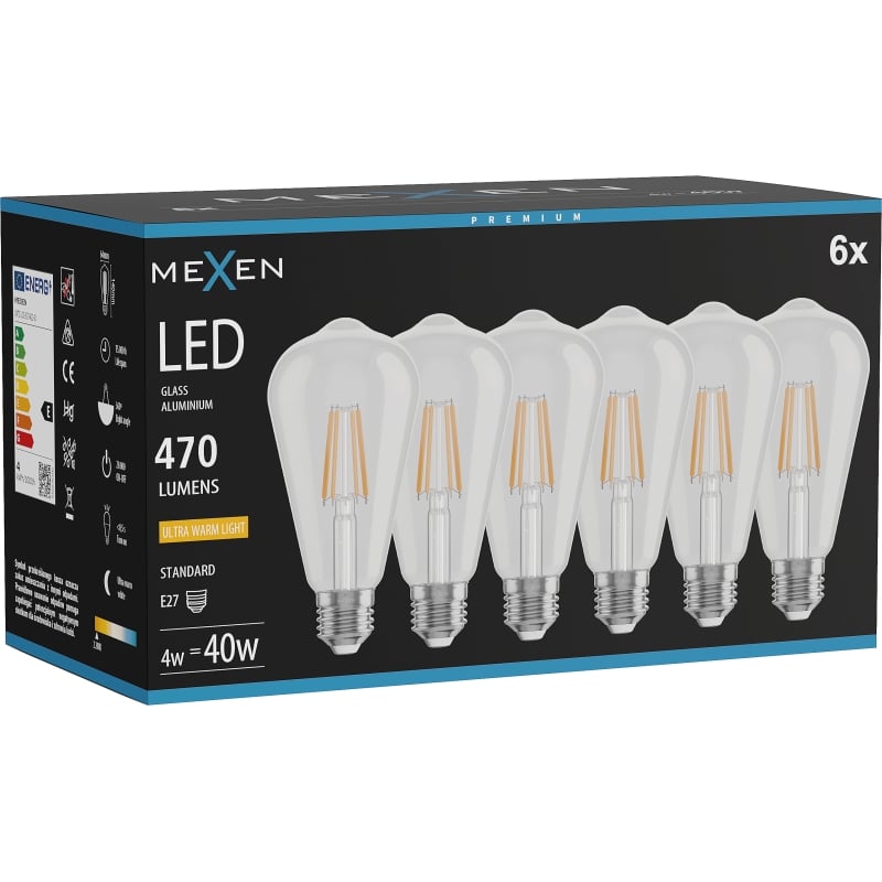 Mexen Vintis 6x LED филтърна крушка E27, ST64, 4W, Топла - 2200K, 470 lm, прозрачна