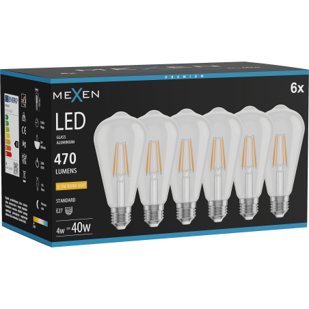 Mexen Vintis 6x LED филтърна крушка E27, ST64, 4W, Топла - 2200K, 470 lm, прозрачна