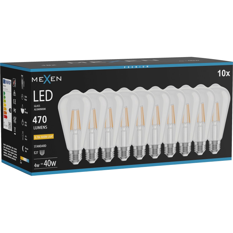 Mexen Vintis 10x LED нажежаема жичка E27, ST64, 4W, Топло - 2200K, 470 lm, прозрачно