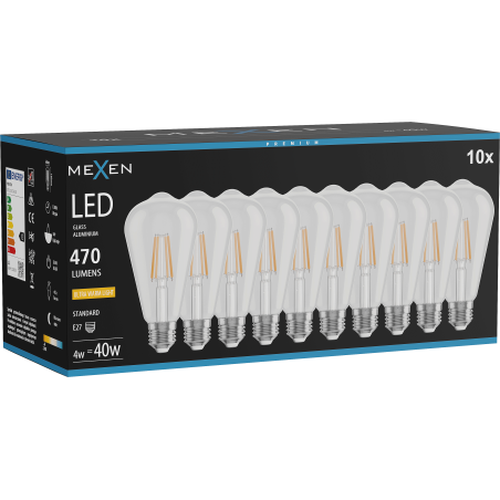 Mexen Vintis 10x LED нажежаема жичка E27, ST64, 4W, Топло - 2200K, 470 lm, прозрачно