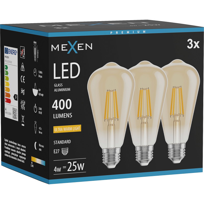 Mexen Vintis 3x LED филамент крушка E27, ST64, 4W, Топло - 2200K, 400 lm, кехлибар