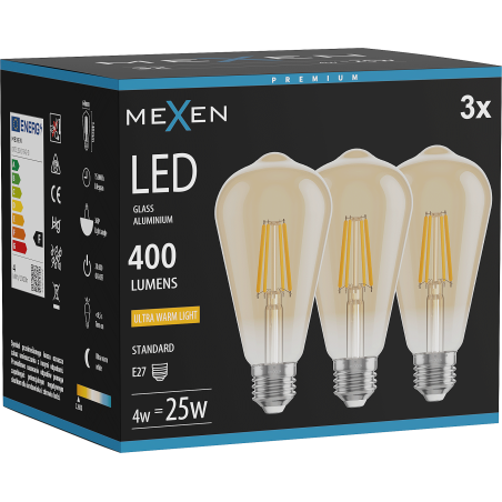 Mexen Vintis 3x LED филамент крушка E27, ST64, 4W, Топло - 2200K, 400 lm, кехлибар