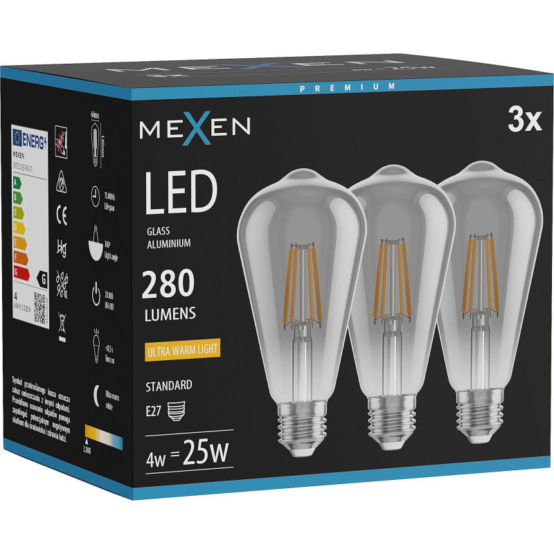 Mexen Vintis 3x LED филамент крушка E27, ST64, 4W, Топла - 2200K, 300 lm, дым - L152-E27-0422-70x03