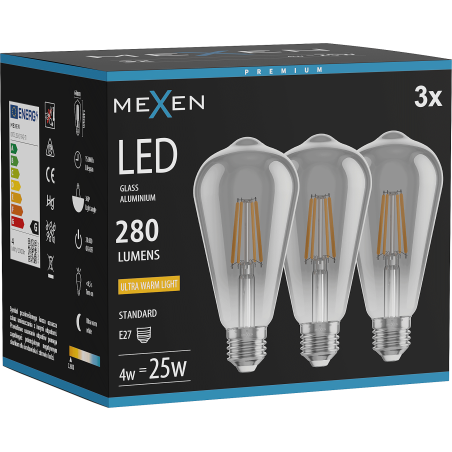 Mexen Vintis 3x LED филамент крушка E27, ST64, 4W, Топла - 2200K, 300 lm, дым - L152-E27-0422-70x03