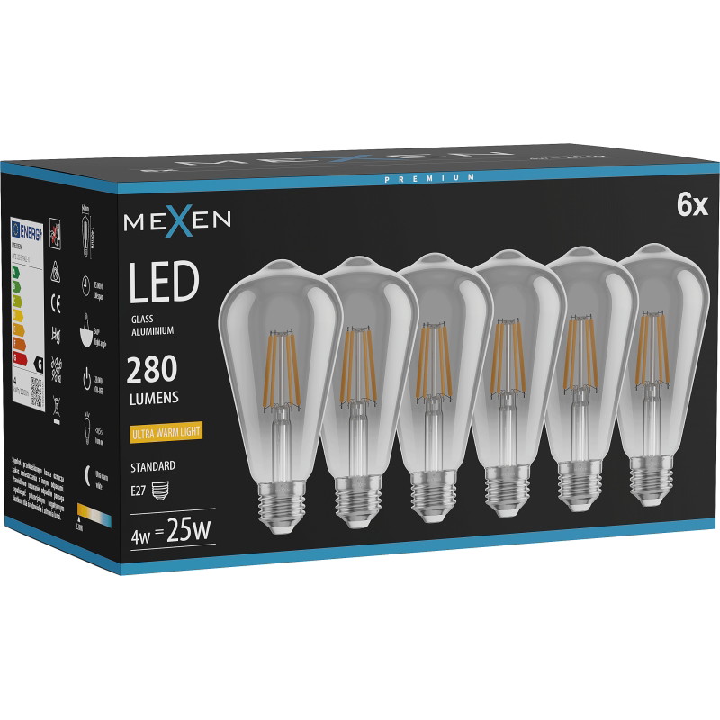 Mexen Vintis 6x LED лампа с нажежаема жичка E27, ST64, 4W, Топла - 2200K, 300 lm, дим
