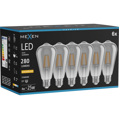 Mexen Vintis 6x LED лампа с нажежаема жичка E27, ST64, 4W, Топла - 2200K, 300 lm, дим