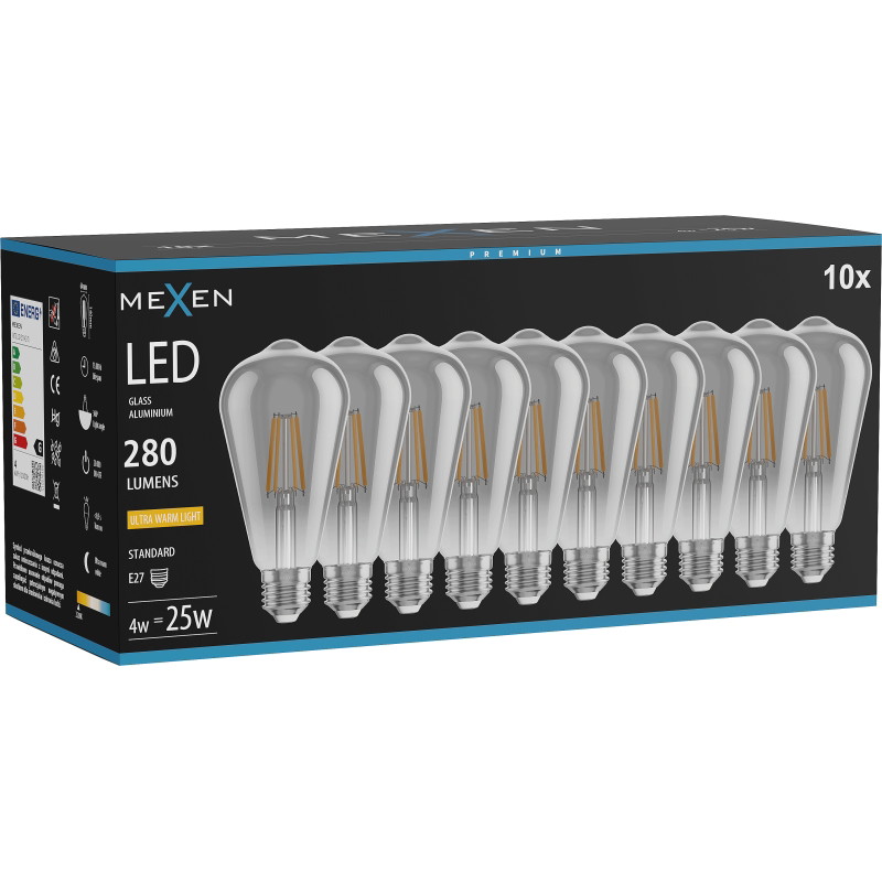 Mexen Vintis 10x LED филаментна крушка E27, ST64, 4W, Топла - 2200K, 300 lm, дим - L152-E27-0422-70x10
