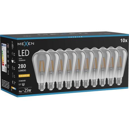 Mexen Vintis 10x LED филаментна крушка E27, ST64, 4W, Топла - 2200K, 300 lm, дим - L152-E27-0422-70x10