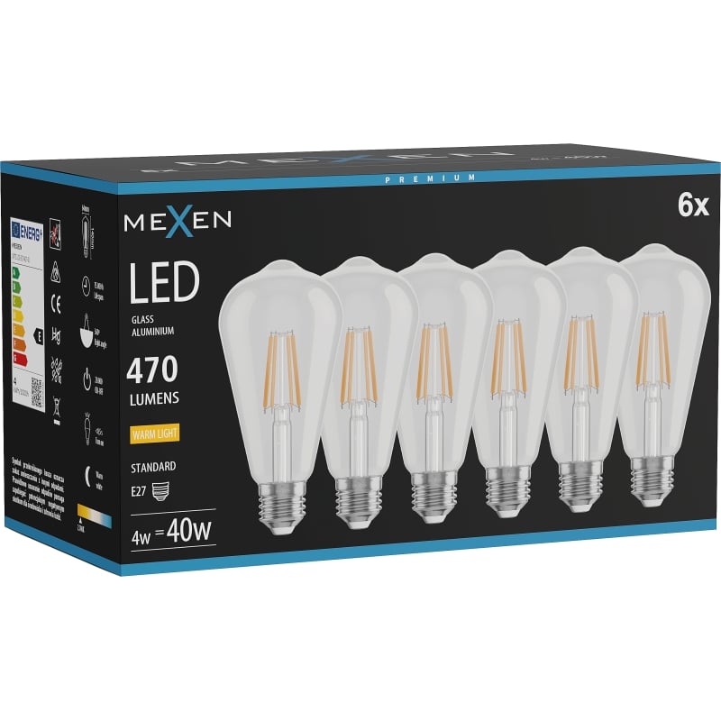 Mexen Vintis 6x LED филамент крушка E27, ST64, 4W, Топла - 2700K, 470 lm, прозрачна