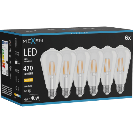 Mexen Vintis 6x LED филамент крушка E27, ST64, 4W, Топла - 2700K, 470 lm, прозрачна
