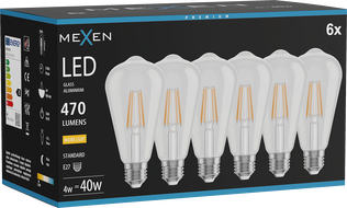 Mexen Vintis 6x LED филамент крушка E27, ST64, 4W, Топла - 2700K, 470 lm, прозрачна