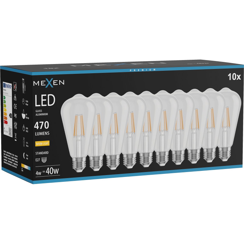 Mexen Vintis 10x LED нажежаема лампа E27, ST64, 4W, Топла - 2700K, 470 lm, прозрачна