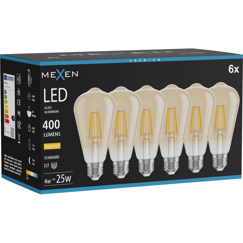 Mexen Vintis 6x LED нажежаема жичка E27, ST64, 4W, Топла - 2700K, 400 lm, кехлибар