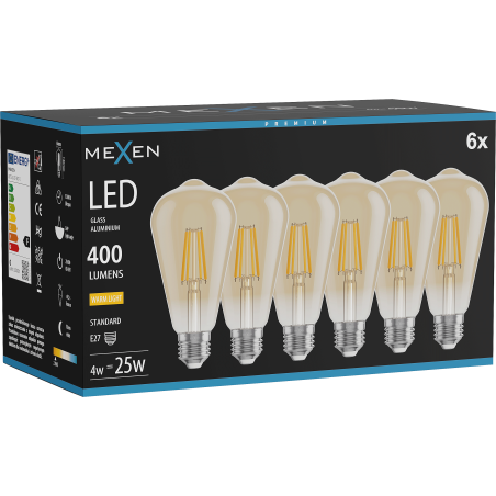 Mexen Vintis 6x LED нажежаема жичка E27, ST64, 4W, Топла - 2700K, 400 lm, кехлибар