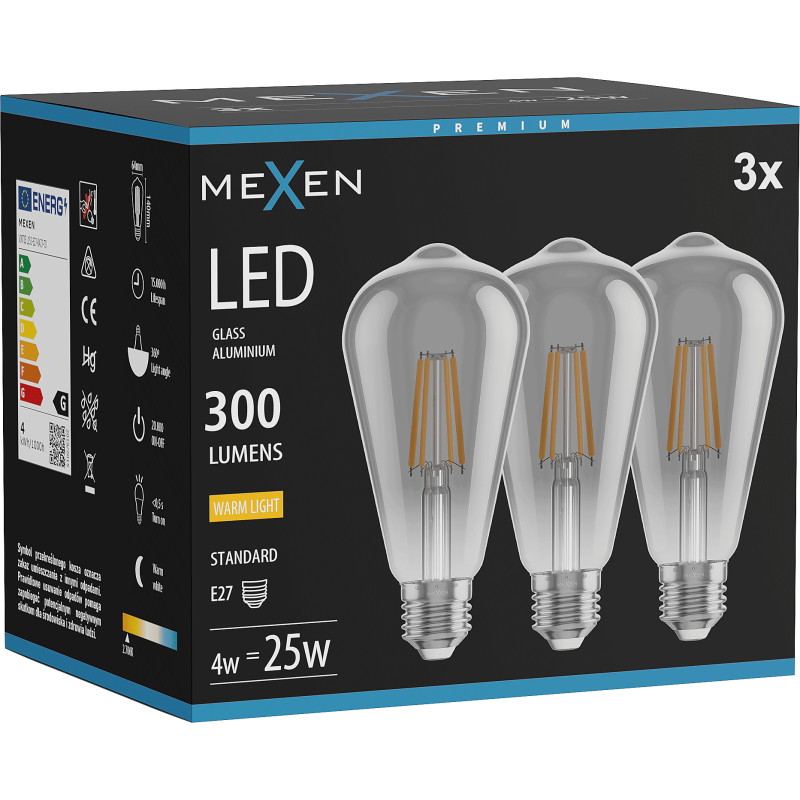Mexen Vintis 3x LED филамент крушка E27, ST64, 4W, Топла - 2700K, 300 lm, опушен - L152-E27-0427-70x03