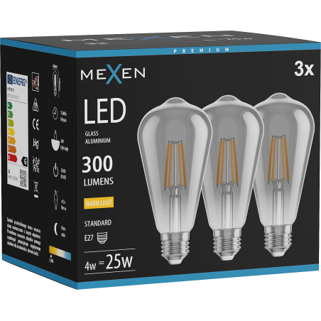 Mexen Vintis 3x LED филамент крушка E27, ST64, 4W, Топла - 2700K, 300 lm, опушен - L152-E27-0427-70x03
