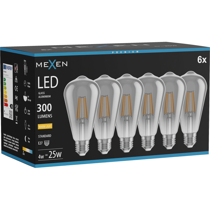 Mexen Vintis 6x LED филаментна крушка E27, ST64, 4W, Топло - 2700K, 300 lm, дим - L152-E27-0427-70x06