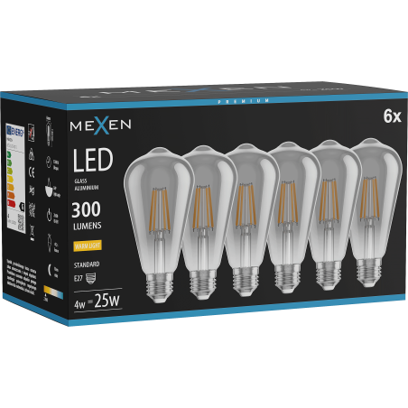 Mexen Vintis 6x LED филаментна крушка E27, ST64, 4W, Топло - 2700K, 300 lm, дим - L152-E27-0427-70x06