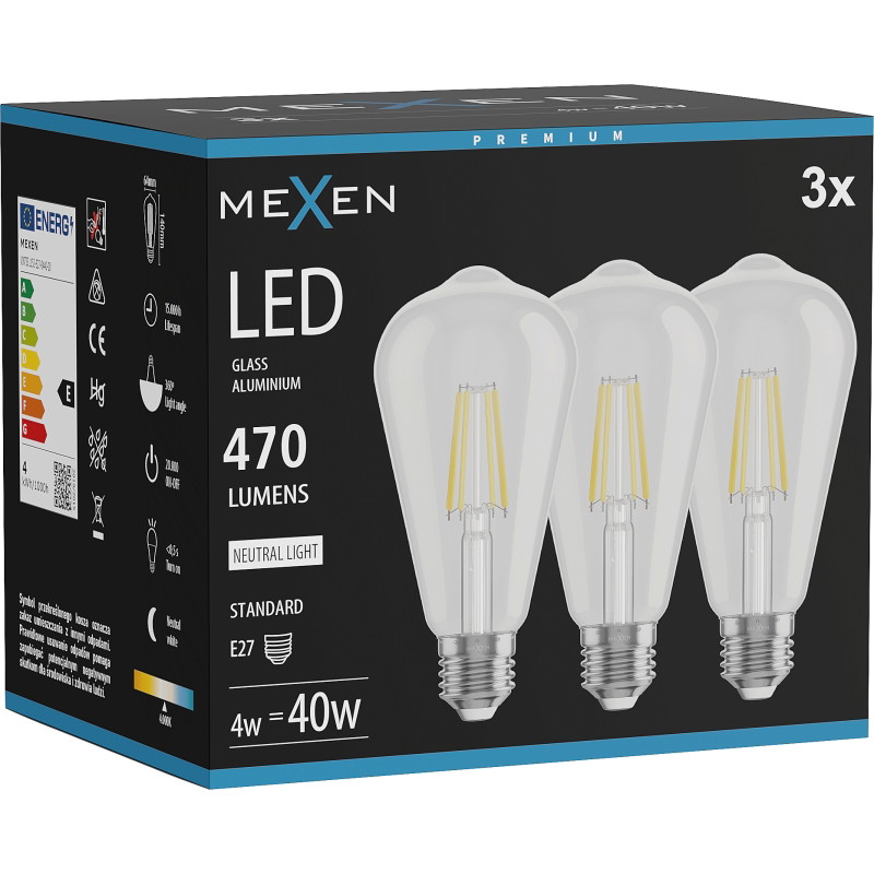 Mexen Vintis 3x LED крушка с нажежаема жичка E27, ST64, 4W, Неутрална - 4000K, 470 lm,