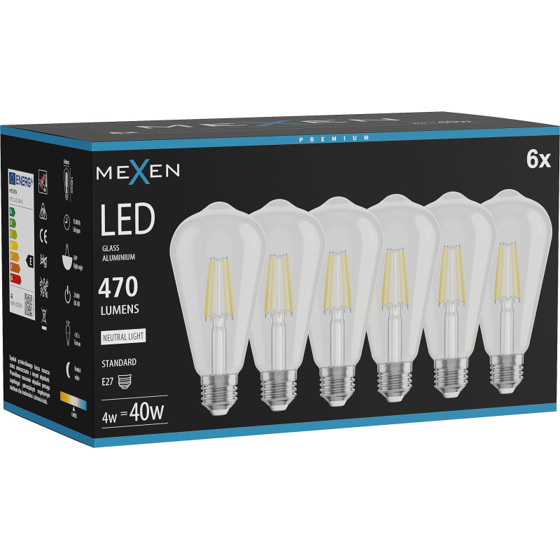 Mexen Vintis 6x LED нажежаема крушка E27, ST64, 4W, неутрална - 4000K, 470 lm, прозрачна