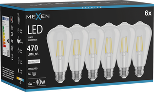 Mexen Vintis 6x LED нажежаема крушка E27, ST64, 4W, неутрална - 4000K, 470 lm, прозрачна