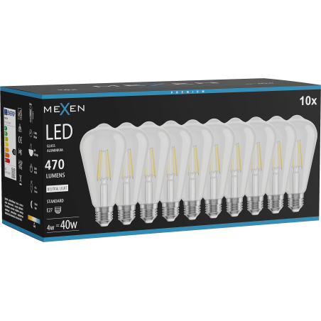 Mexen Vintis 10x LED нажежаема жичка E27, ST64, 4W, Неутрална - 4000K, 470 lm, прозрачна