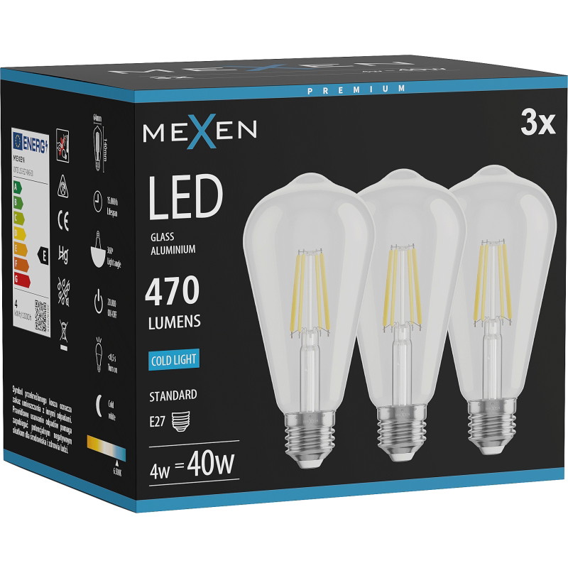 Mexen Vintis 3x LED крушка с нажежаема жичка E27, ST64, 4W, Студена - 6500K, 470 lm,