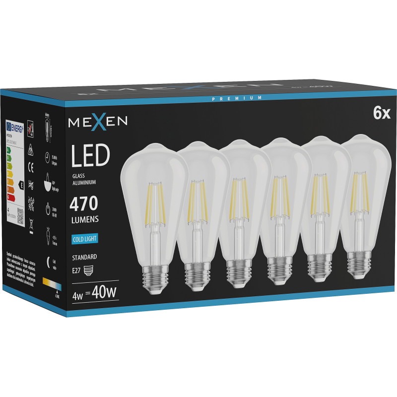 Mexen Vintis 6x LED филамент крушка E27, ST64, 4W, Студена - 6500K, 470 lm, прозрачна