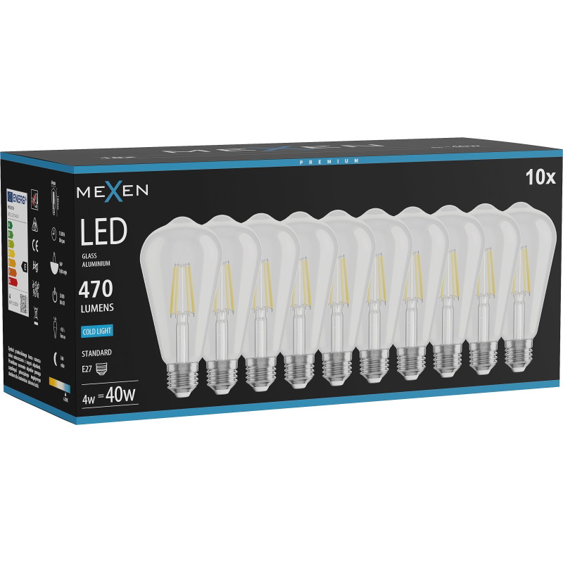 Mexen Vintis 10x LED нажежаема жичка крушка E27, ST64, 4W, Студена - 6500K, 470 lm,