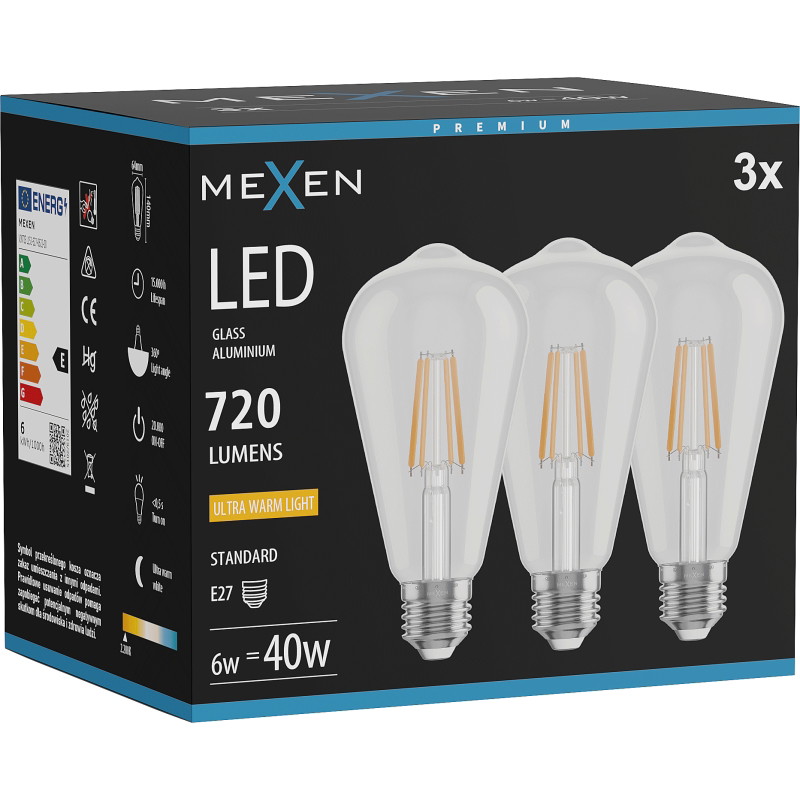 Mexen Vintis 3x LED нажежаема жичка E27, ST64, 6W, Топла - 2200K, 720 lm, прозрачно