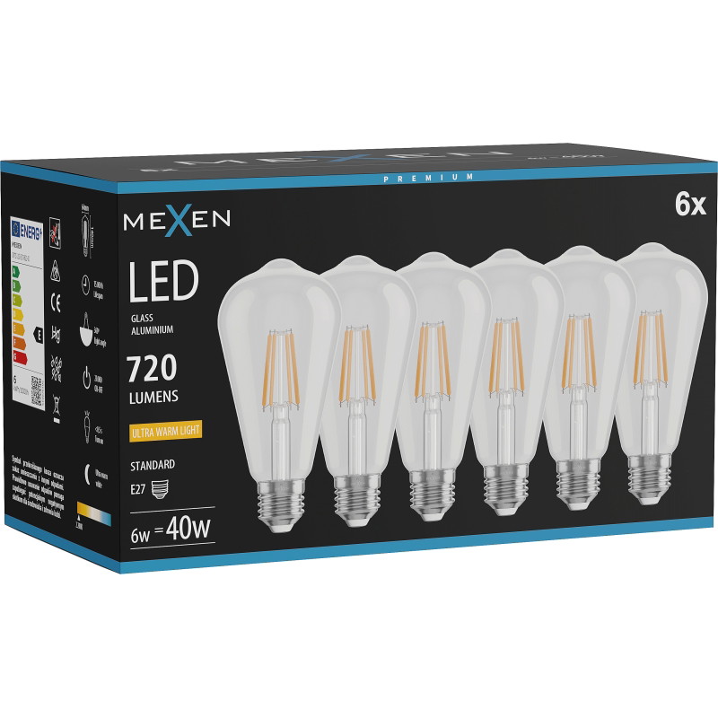 Mexen Vintis 6x LED крушка с нажежаема жичка E27, ST64, 6W, Топла - 2200K, 720 lm, прозрачна