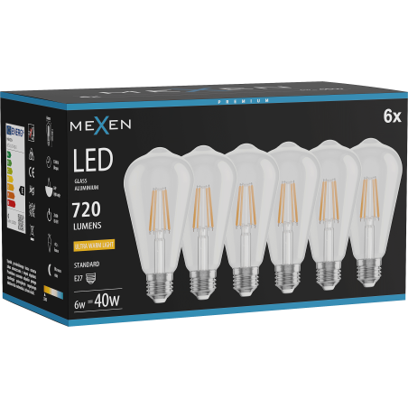 Mexen Vintis 6x LED крушка с нажежаема жичка E27, ST64, 6W, Топла - 2200K, 720 lm, прозрачна