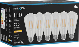 Mexen Vintis 6x LED крушка с нажежаема жичка E27, ST64, 6W, Топла - 2200K, 720 lm, прозрачна