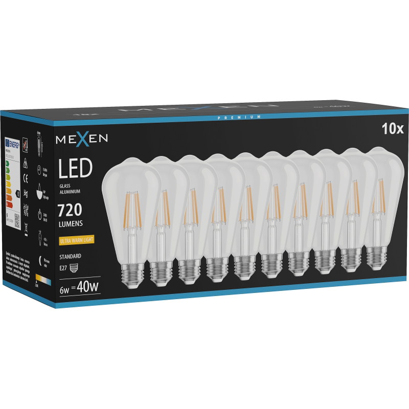 Mexen Vintis 10x LED крушка на нишка E27, ST64, 6W, Топла - 2200K, 720 lm, прозрачен