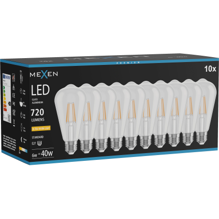 Mexen Vintis 10x LED крушка на нишка E27, ST64, 6W, Топла - 2200K, 720 lm, прозрачен