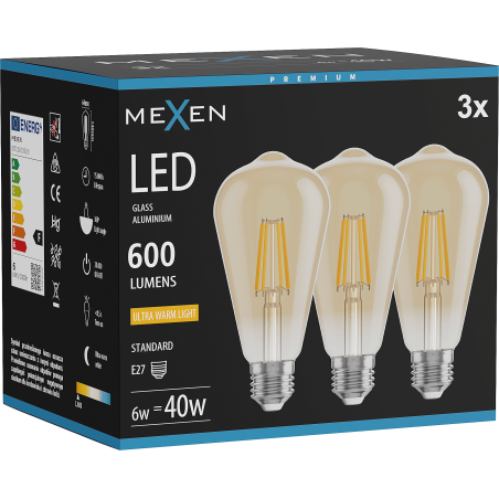 Mexen Vintis 3x LED нажежаема лампа E27, ST64, 6W, Топла - 2200K, 600 lm, кехлибар