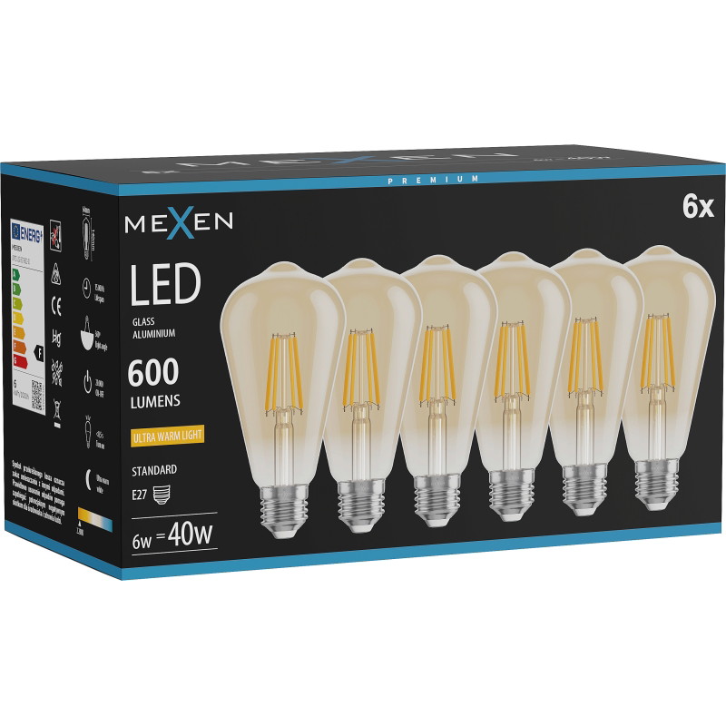 Mexen Vintis 6x LED филамент крушка E27, ST64, 6W, Топла - 2200K, 600 lm, кехлибар
