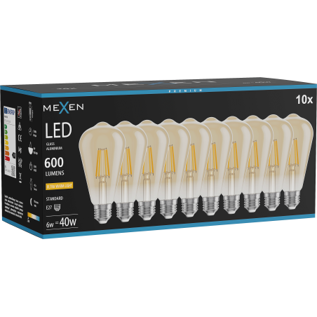 Mexen Vintis 10x LED нажежаема жичка крушка E27, ST64, 6W, Топло - 2200K, 600 lm, кехлибарен