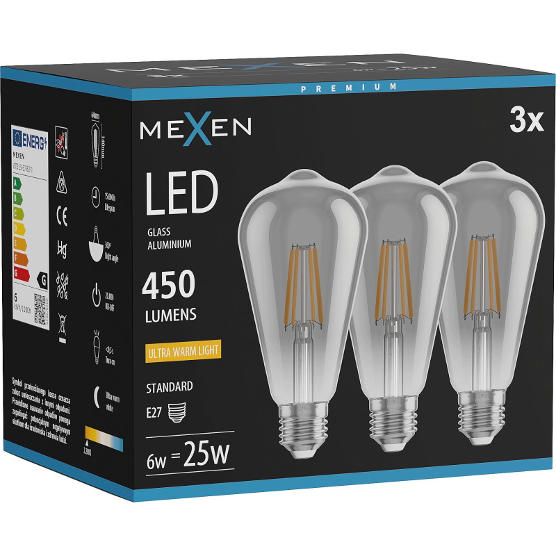 Mexen Vintis 3x LED филаментна крушка E27, ST64, 6W, Топла - 2200K, 450 lm, димно