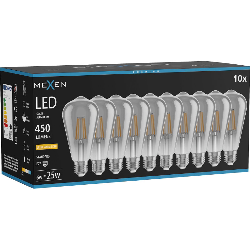 Mexen Vintis 10x LED нажежаема крушка E27, ST64, 6W, Топла - 2200K, 450 lm, опушена