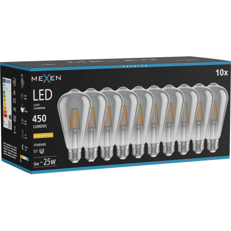 Mexen Vintis 10x LED нажежаема крушка E27, ST64, 6W, Топла - 2200K, 450 lm, опушена